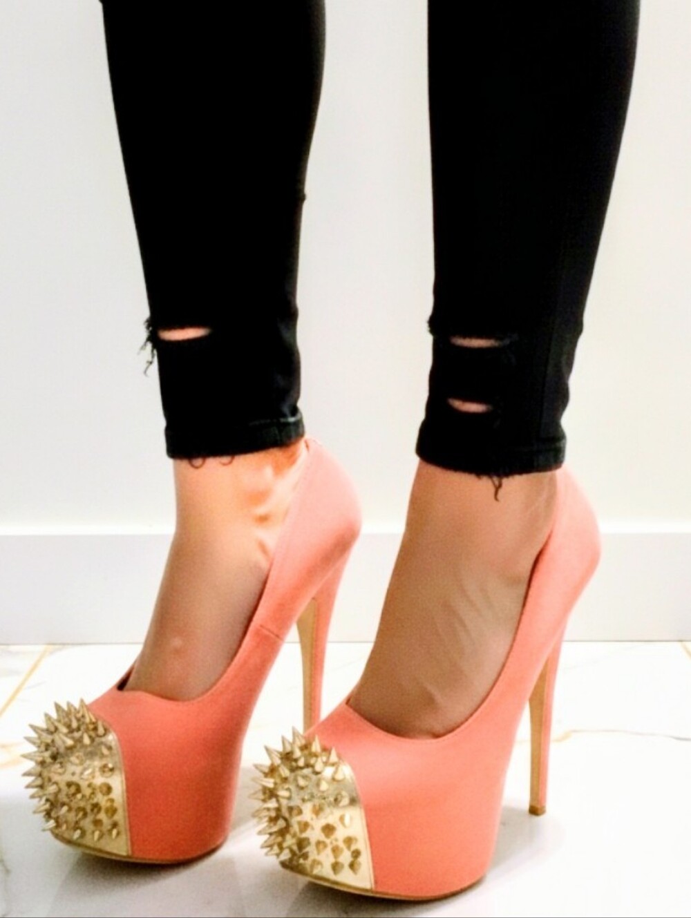 Women's Coral High Heel Platform Pumps with Gold Spike Toe